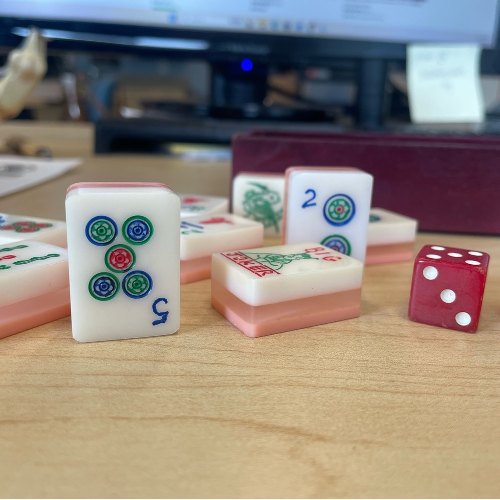 Vintage MCM Mahjong Set with Red and White and Pink Tiles